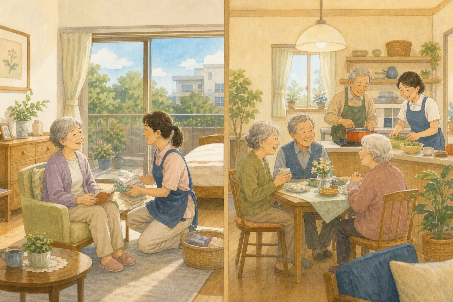サ高住とグループホームの違い｜磐田で選ぶならの内容を表したAI生成イラスト