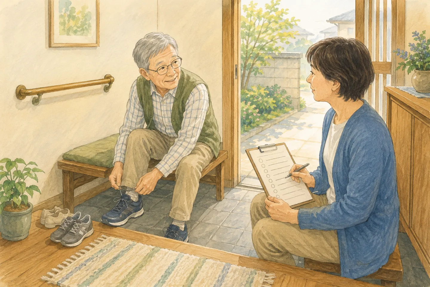 磐田の自宅玄関で、外出の支度をする高齢の親と確認用紙を持って話す成人した子を描いたイラスト