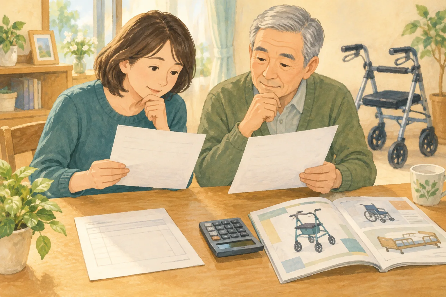 福祉用具の貸与価格を確かめる家族が、机の上の見積書と商品資料を見比べ、電卓と福祉用具のカタログを用意しているイラスト