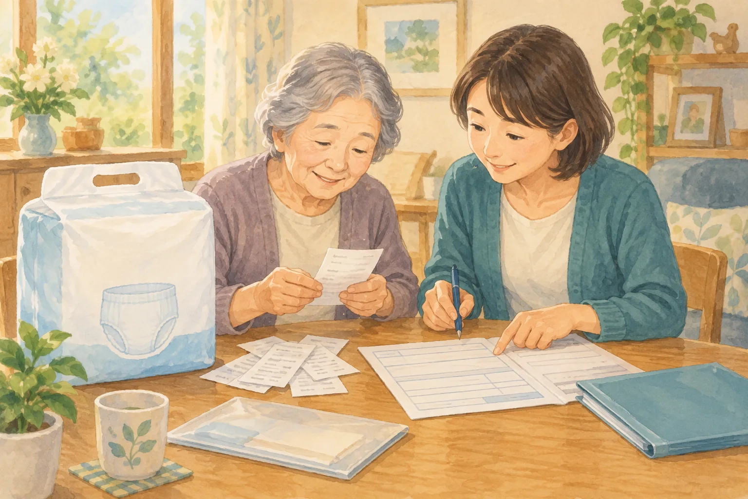 磐田市の紙おむつ購入費助成の申請準備を表し、無地の紙おむつの袋を置いた机で、親子が領収書と申請用の書類を一緒に整理しているイラスト