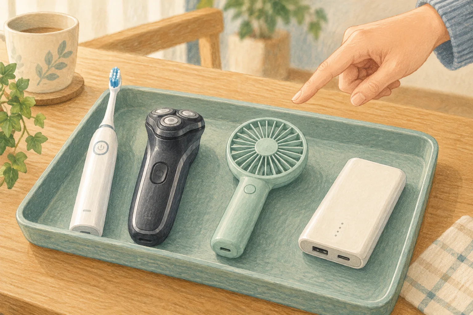 充電式の電動歯ブラシ、電気カミソリ、携帯式扇風機、モバイルバッテリーをトレーに分け、手で指し示して確認するイラスト