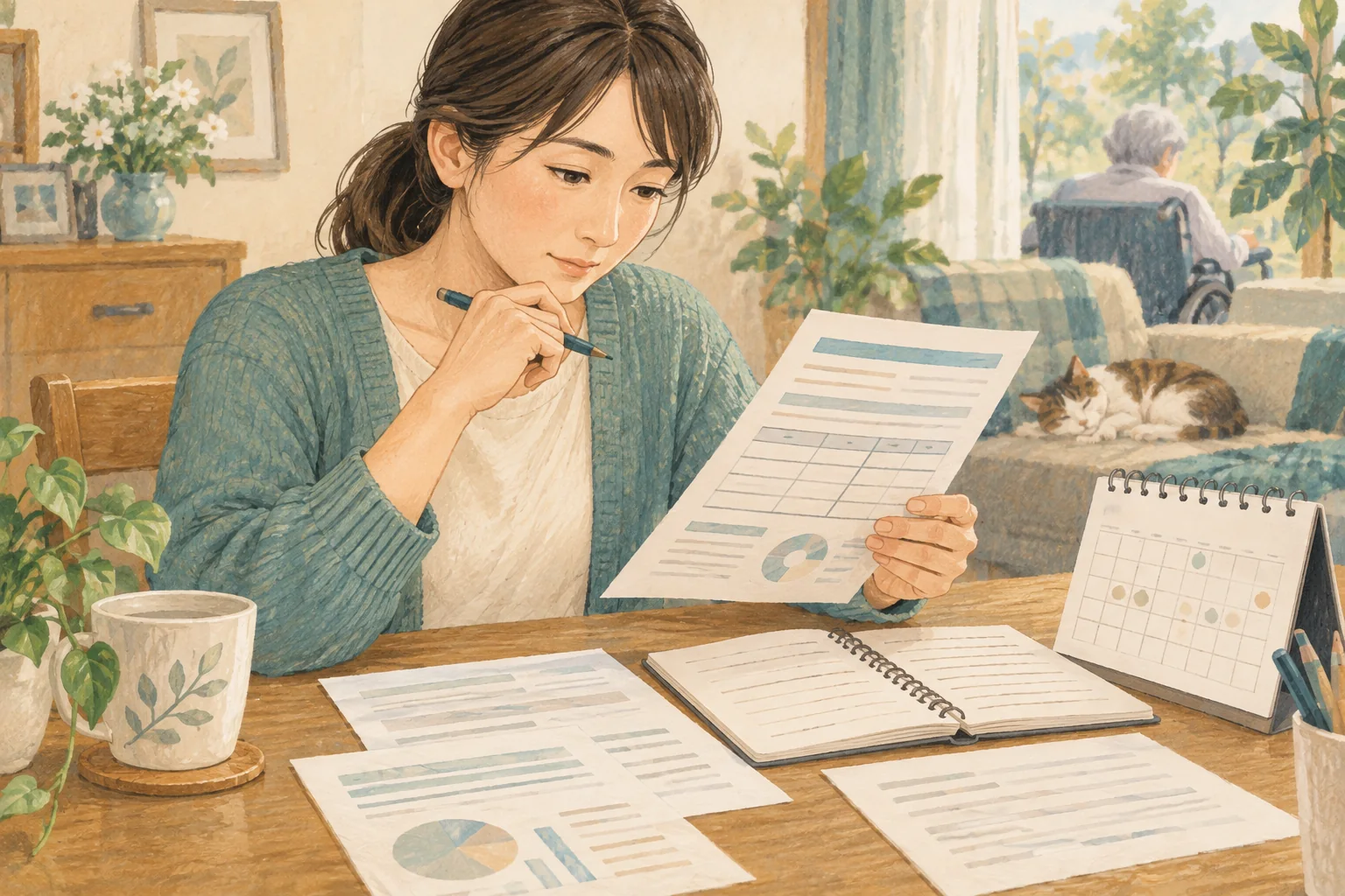 家族が書類を手に持ち、机上のカレンダーと記録帳を並べて介護サービスの利用内容を照合するイラスト