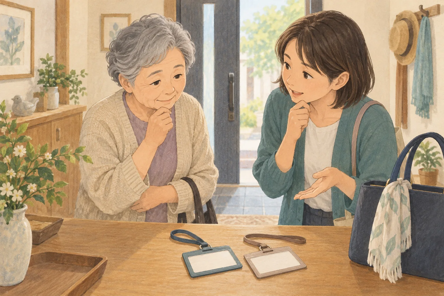 外出前の親と子どもが、机に置いた無地のカードケースを見ながら、周囲へ伝えたい事情について話し合うイラスト