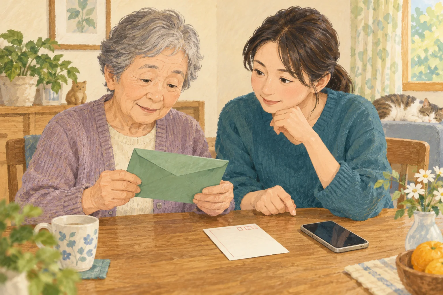 緑の封筒を持つ高齢の親と隣で見守る子どもが、机の上のはがきとスマートフォンを前に年金関係の郵便を確認するイラスト