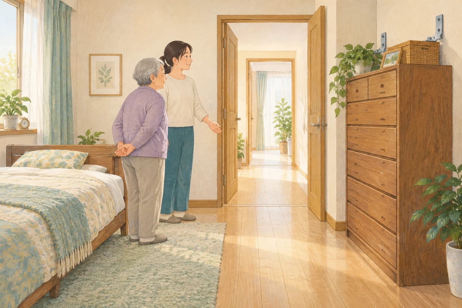 親と子どもが寝室の家具と出入口を見ているイラスト。ベッドとたんすが離れて置かれ、たんすの上部に固定金具があり、扉までの床が空いている。