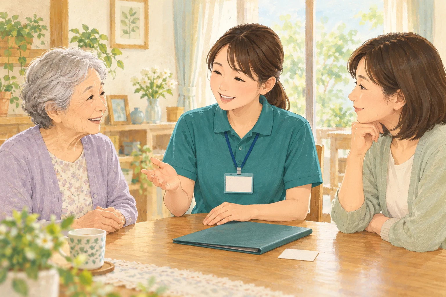 訪問介護の職員が家庭の机で親と子どもに話しかける場面。職員は青緑色の服と無記名の名札を着け、机には書類を入れるファイルがある。
