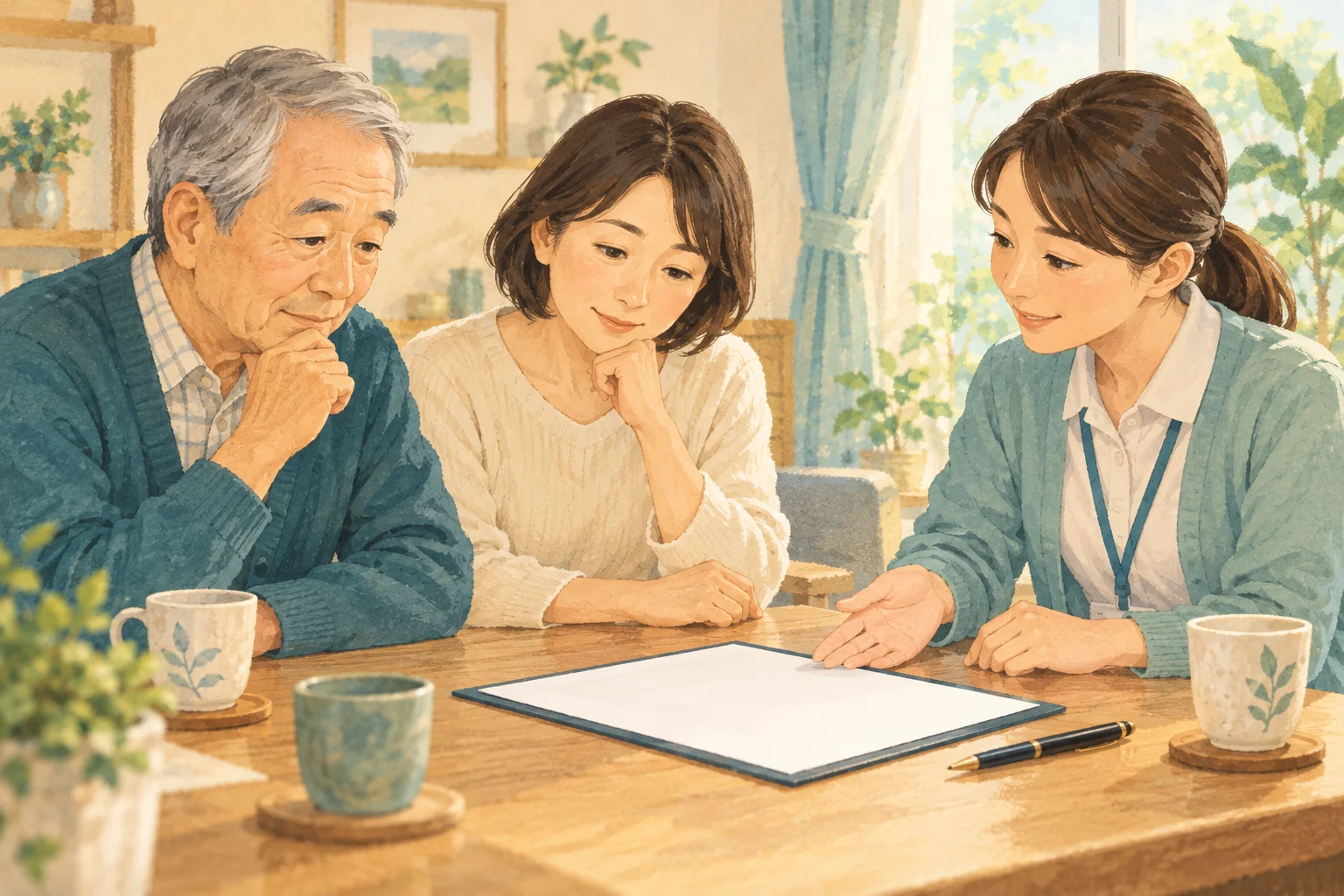 高齢の親と子どもが介護事業所の担当者と同じ机を囲み、署名する前に書類の説明を聞いている場面。ペンは机に置かれている。