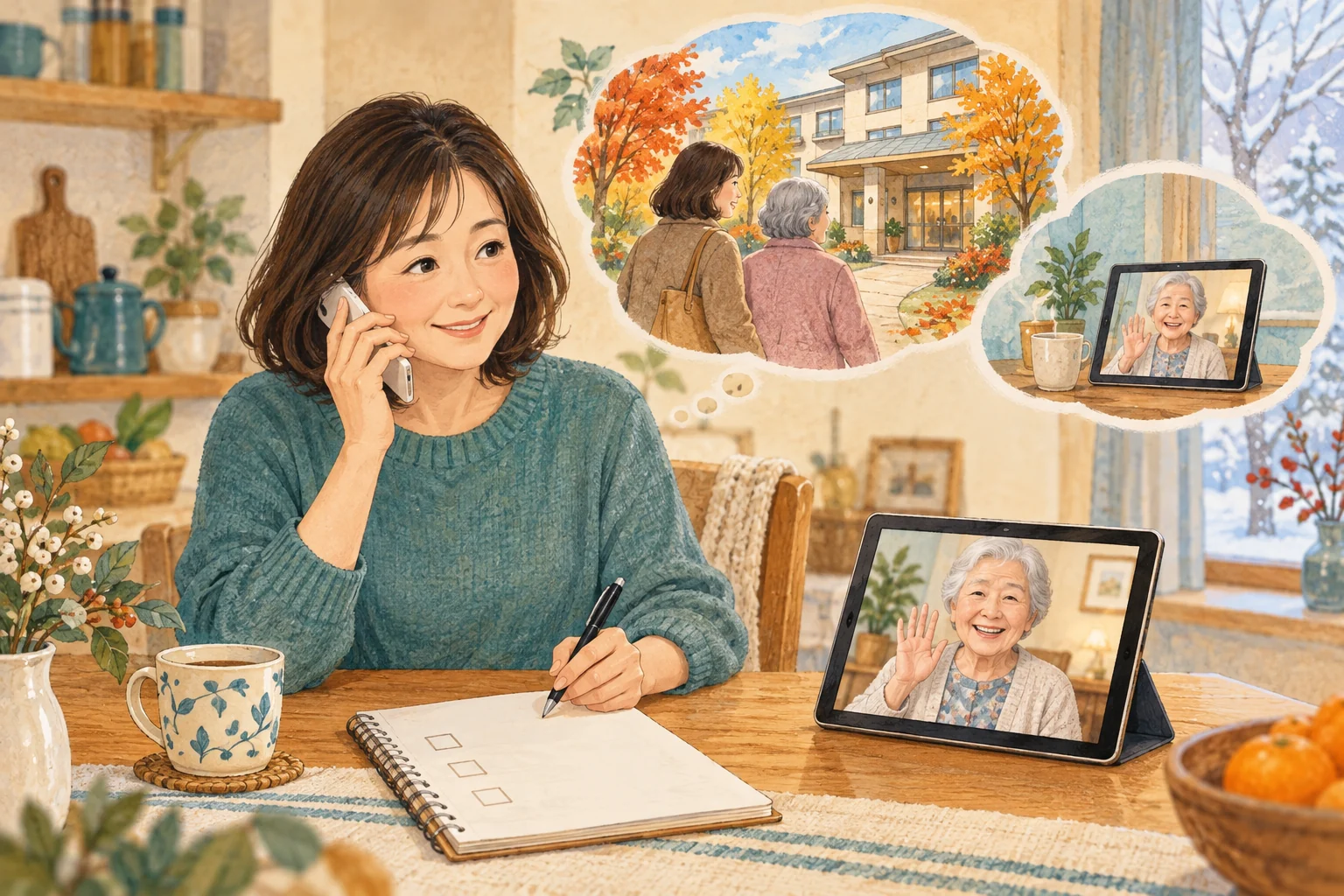 家族が電話で面会の条件を確かめ、手元のメモに記録する様子と、離れて暮らす親と画面越しに話す場面を描いたイラスト。