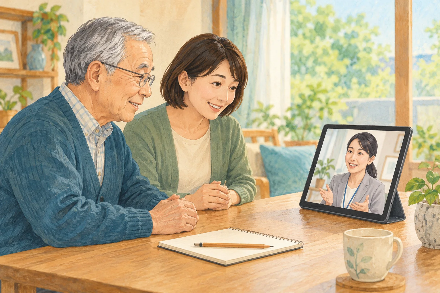 高齢の男性と家族が自宅のテーブルに置いたタブレットを見ながら、画面に映る担当者と落ち着いて話している。脇にメモ帳を置いたオンライン面談のイラスト。