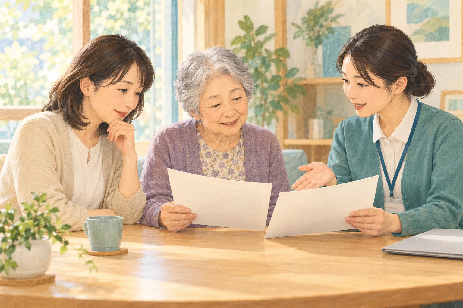 高齢の女性と家族が相談テーブルで二枚の説明書を見比べ、担当者が手を開いて説明している。署名を急がず契約条件を確認する場面のイラスト。