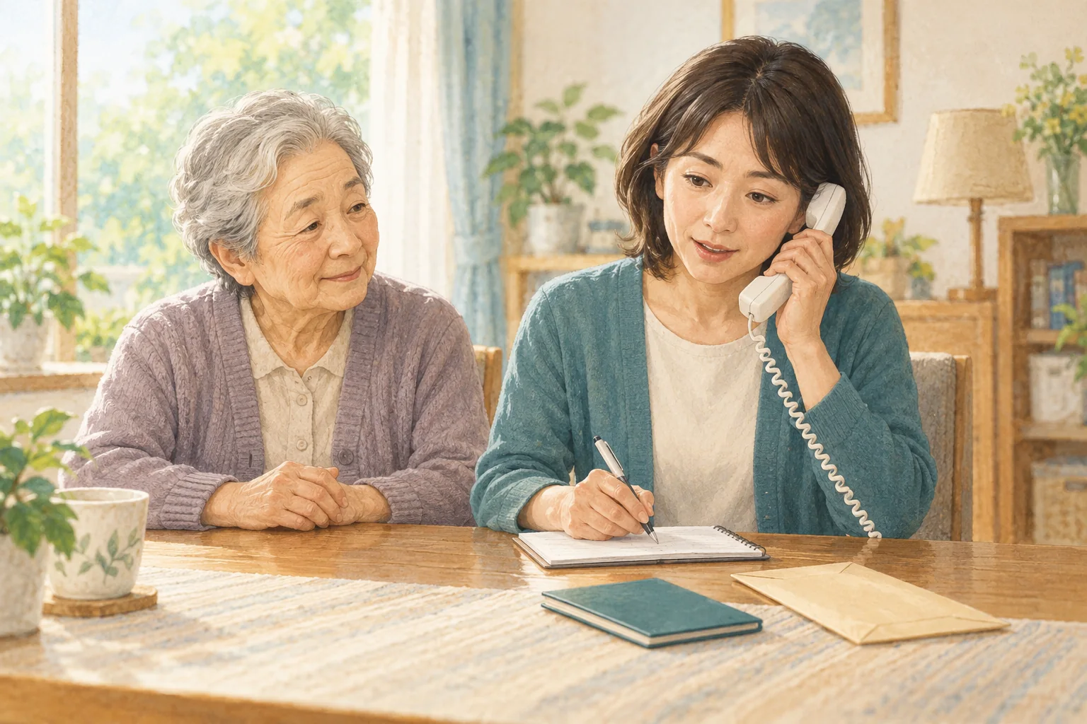 自宅のテーブルで高齢の親と家族が並び、家族が電話で銀行に手続きを確認している。机には閉じた通帳と封筒があり、本人を含めて支払いの段取りを相談するイラスト。
