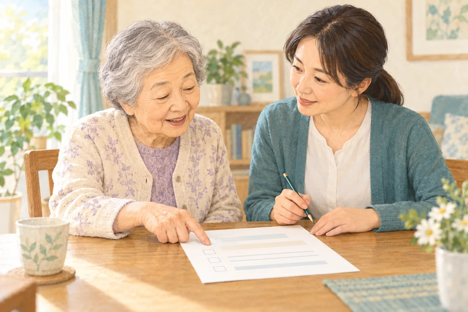 自宅の食卓で調査用紙を指さす高齢の女性と、隣で鉛筆を持ち本人の話を聞く家族。本人の希望を確かめながら回答を手伝う場面を描いたイラスト。