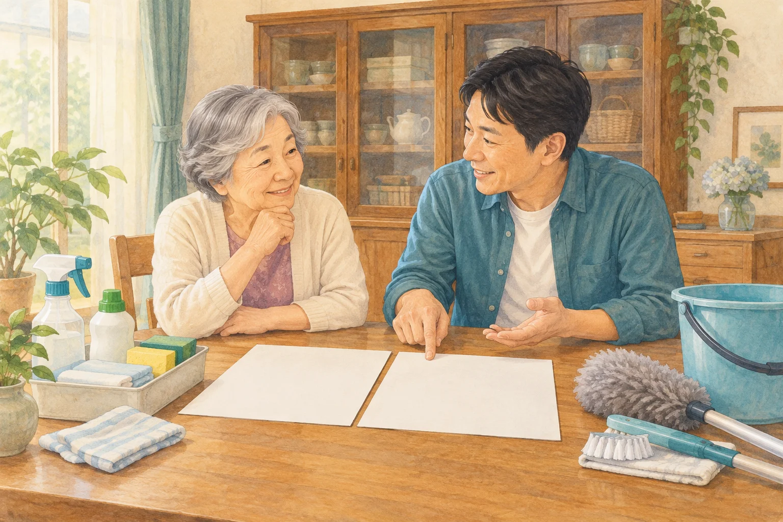 高齢の女性と家族が掃除道具とメモ用紙を前に座り、日常の掃除と大きな家具のある場所の片づけを相談しているイラスト。